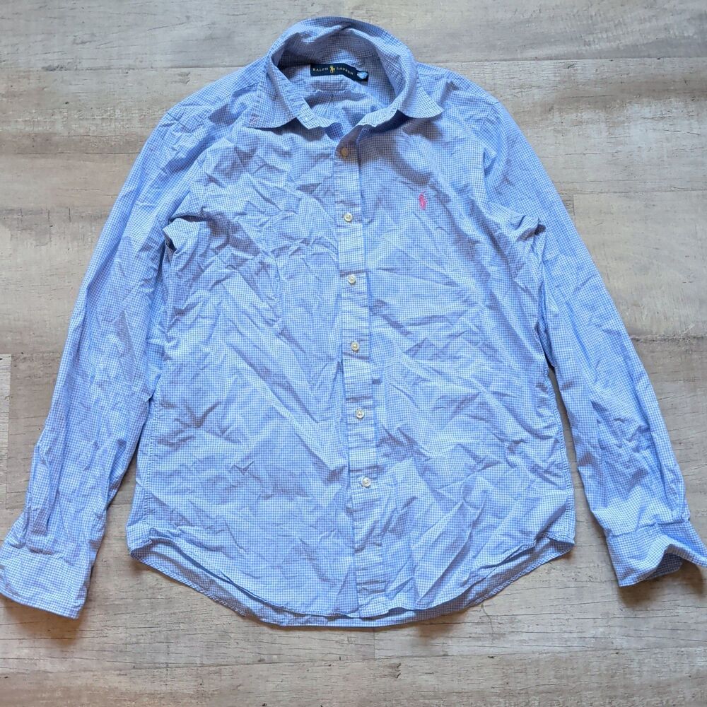 Polo Ralph Lauren Men's Medium Blue White Gingham Check Long Sleeve Button Down